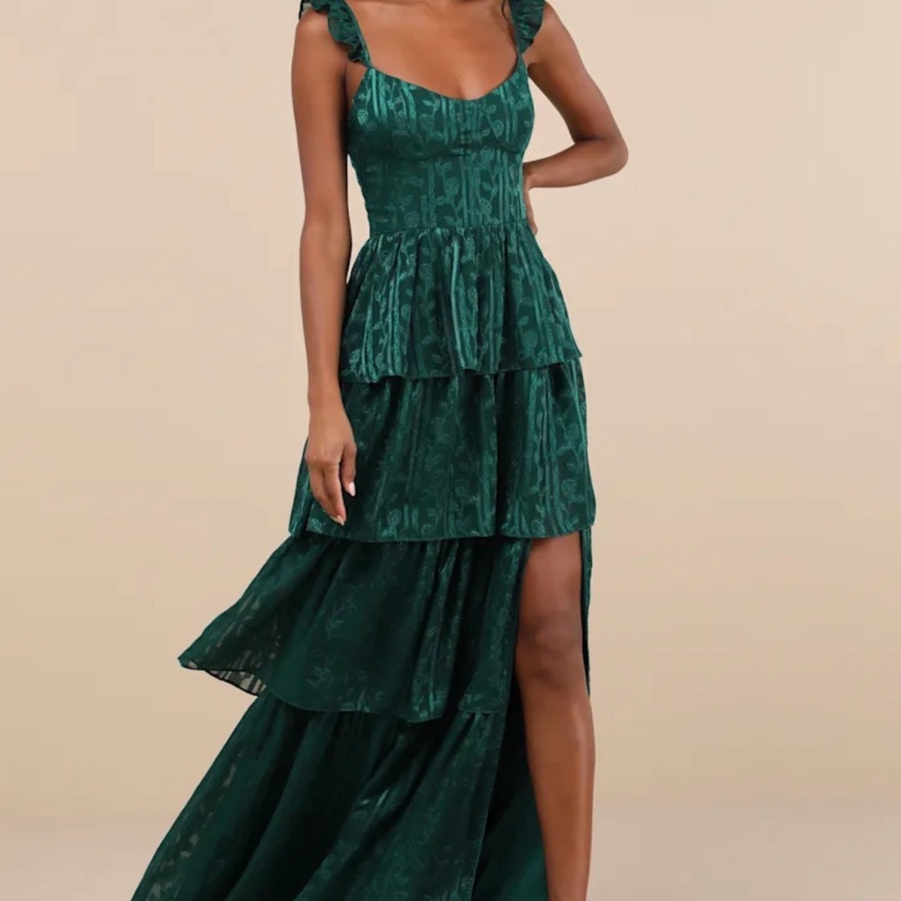Lulu's Deep Emerald Tiered Maxi Dress with Ruffled Straps